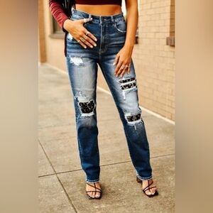 Women’s Distressed Skinny Jeans Leopard Print Detail Size 4 Stretch Denim